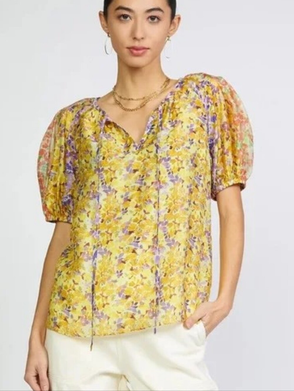 Anthropologie X Current Air Yellow Purple Floral Pull On Blouse Top Garden Party